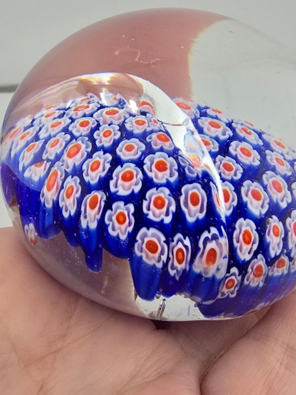 Vintage Handmade Glass Murano Style Millefiori Paperweight Blue Red White - Picture 2 of 7